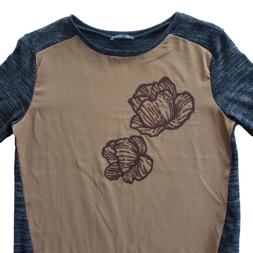 Zara Shirt Womens S Brown Gray Raglan Sleeves Floral Metallic Bead Accent Casual